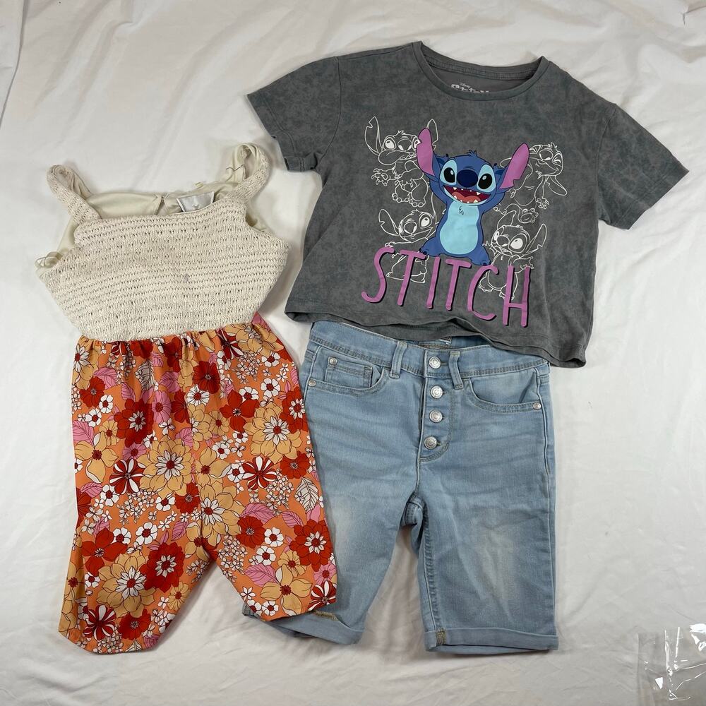 SET of 3 Denim Shorts Stitch T-Shirt Floral Retro Romper Girls 7 M Orange Pink